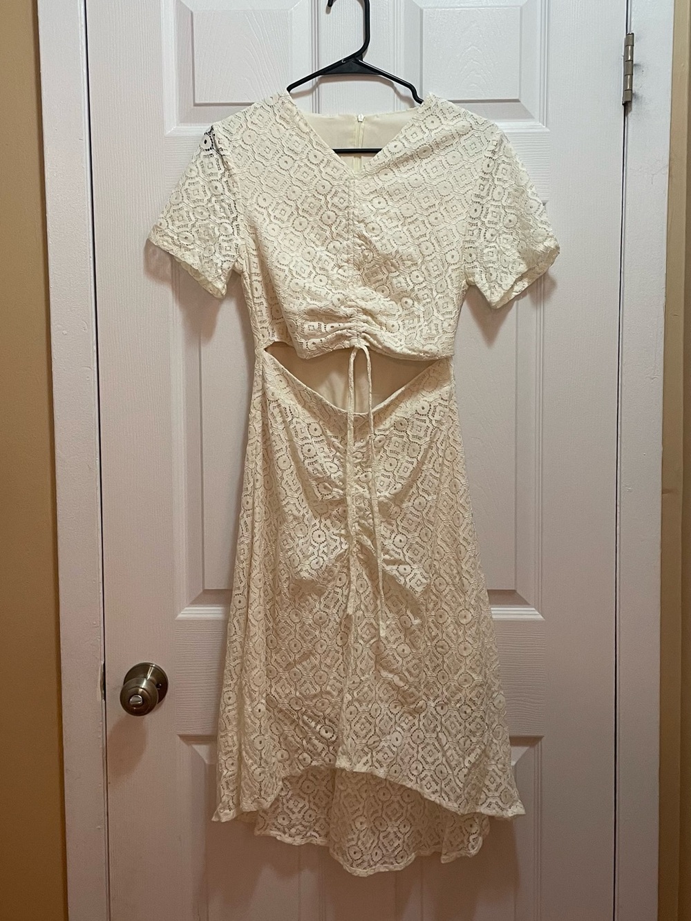 NWOT - Cream Lace Cutout Midi Dress with Drawstring Waist